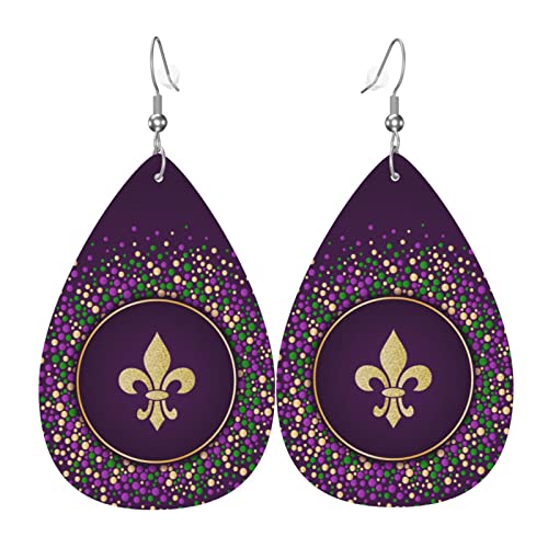 Mardi Gras Purple Gold Fleur De Lis Faux Leather Teardrop Earrings For Teen Girls Women Drop Dangle Earrings Gift