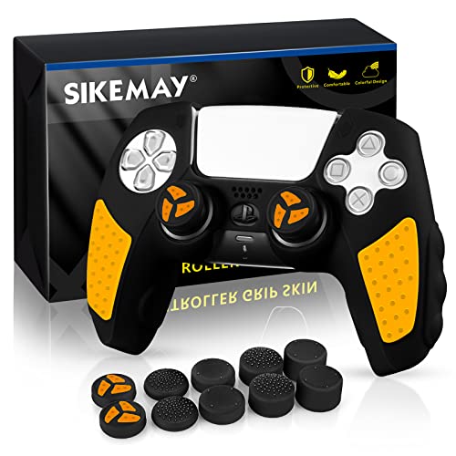 SIKEMAY PS5 Controller Cover Skin Case, Directly Applicable for PS5 Charger, Anti-Slip Sweatproof Silicone Protective for Playstation 5 Dualsense Controller with Thumb Grips Caps x 10(Black-Yellow)