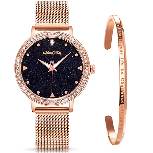 ManChDa Quartz Crystal Starry Sky Wrist Watch for Women Mesh Stainless Steel Band Diamond Luxury Fashion Dress Analogy Display Classic Romantic with Jewelry Cuff Bracelet Set