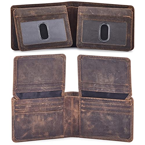Mens Wallet Real Leather Bifold RFID Blocking High Capacity Card Case with 2 ID Window in Gift Box (Crazy Horse, Moss)