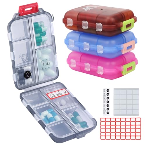 M MUchengbao 4PS Pill Organizer Travel Pill Box + 164 Slice Labels，Portable Folding Small Pill Case Daily Pill Box Organizer Pill Container Used for Carry-on Storage Vitamin Fish Oil Pills Etc