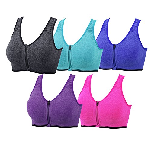 YEYELE Womens Sports Bras 5 Pack Zip Front and Removable Pads Tank Top Racerback Padded Yoga Sports Bra for Women