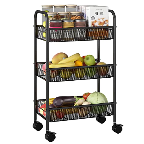Simple Trending 3 Tier Rolling Storage Cart, Utility Organizer Shelves with Wheels for Kitchen Bathroom, Metal Mesh White