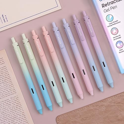 Writech Retractable Gel Ink Pens: 8ct Black Ink 0.5mm Fine Point Tip Pen Comfort Grip Smooth Writing with Aesthetic Gradient Color Barrel for Journaling Note Taking Sketching No Bleed & Smear