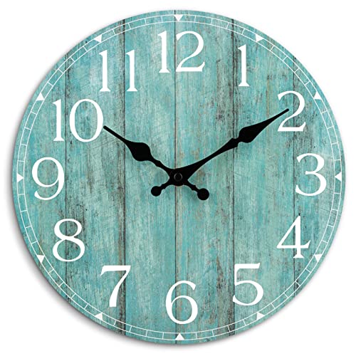 HYLANDA Wall Clock, 10 Inch Teal Silent Non-Ticking Kitchen Decor, Rustic Vintage Country Retro Decorative Clocks Battery Operated for Bathroom Bedroom Living Room Office(Aqua)