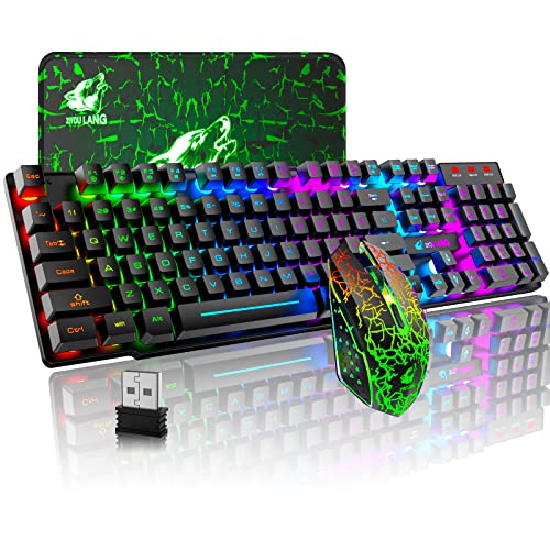 Wireless Gaming Keyboard and Mouse Combo Rainbow Backlight Quiet Ergonomic Mechanical Feeling Anti-ghosting Keyboard Mouse with Rechargeable 4000mAh Battery Mouse Pad for Computer Mac Gamer