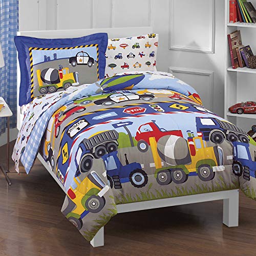 dream FACTORY Trucks Tractors Cars Boys 5-Piece Bedding Comforter Sheet Set, Twin Blue Red Multi