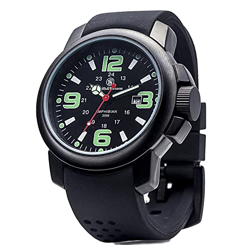 Smith & Wesson Men's Amphibian Commando Watch, 3ATM, Date Display, Glowing Hands, Luminous, Water Resistant, Japanese Quartz Movement, 24-Hour Format, Scratch Resistant Glass, Tactical Watch, Rubber Strap, Black, 46mm, Christmas Gift