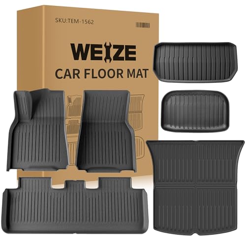Weize Floor Mats for Tesla Model Y 5-Seat 2021-2023 2022 2024 All Weather TPE Cargo Liner Floor Mats and Cargo Trunk Mats Accessories, Set of 6 Mats (Not Fit 7-Seat)