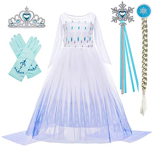 BanKids Snow Queen Act 2 Costumes Princess Dresses for Girls with Wig,Crown,Magic wand,Gloves Accessories 4T 5T(110,K11)