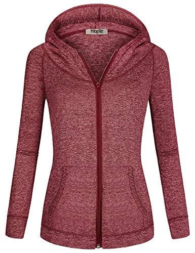 Hibelle Zip Hoodies for Women, Awesome Hood Jackets Long Sleeve Round Neck Sweatshirts Feminine Front Pockets Slimming Stretchy Fast Dry Outdoor Cycling Maroon Outfits Wine Red Large