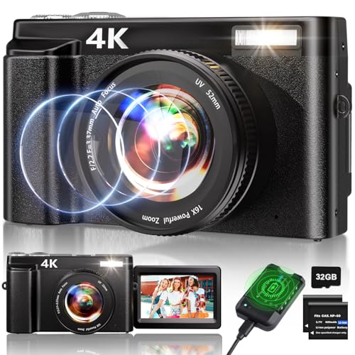 4K Digital Camera for Photography, 48MP Auto-Focus Vlogging Camera for YouTube, 16X Digital Zoom/ 3' 180° Flip Screen/Anti Shake/Flash with SD Card, Compact HD Camera (2 Batteries & Battery Charger)