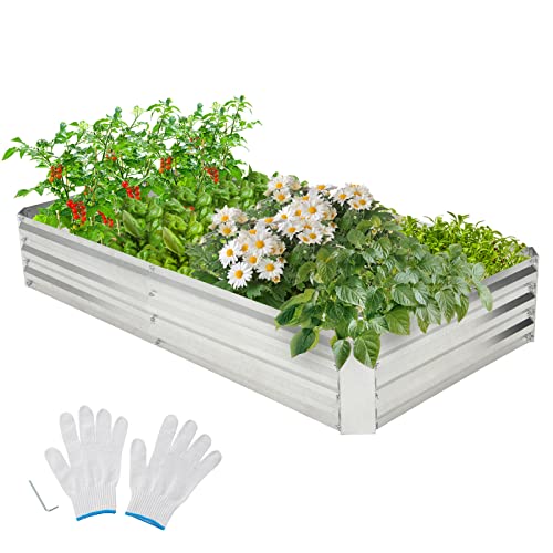 Giantex Galvanized Raised Garden Bed, 6x3x1ft Large Metal Planter Box with Gloves, Outdoor Bottomless Planter Raised Bed Kit for Vegetables Flowers, Herbs, Fruits, Silver