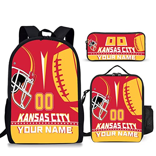 Custom Kansas City Backpack with Lunch Bag Pencil Case Personalized Name Number 3 Piece Set Gifts for Men Women