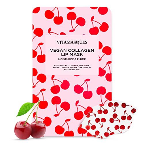 Lip Mask, Cherry Vegan Collagen by Vitamasques, 3-Pack - Lip Plumper is Moisturizing, Repairing for Dry & Chapped Lips - Nourishing & Hydrating - Vegan, Mothers Day Gifts for Mom, Gift for Wife