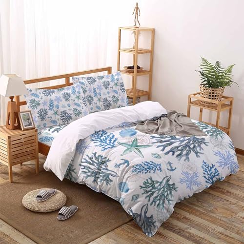 Blue Corals 4 Piece Duvet Cover Set California King Size,Soft Bedding Comforter Quilt Cover with 2 Pillowcases and Flat Sheet - Hidden Zipper & Corner Ties Nautical Coastal Tropical Reef Ombre Green