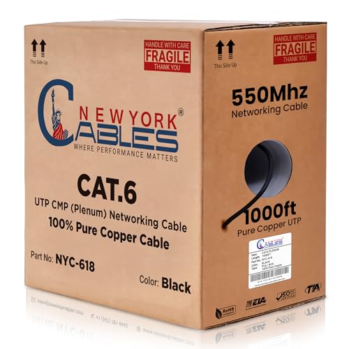 Cat6 plenum cable 1000ft (CMP) - 100% Pure Copper Cat6 Cable 1000ft - 4 Pair UTP, 23 AWG, 550MHz 10GB Internet Cable - Fluke Tested Cat 6 Bulk Ethernet Cable - Available in Multi Colors (Black)