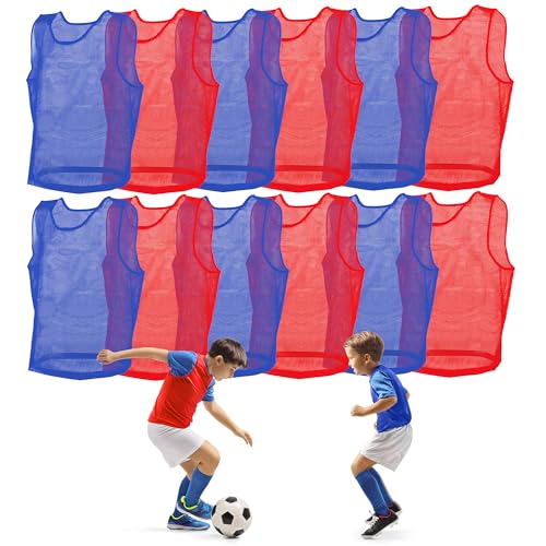 Get Out! Pinnies Adult Sizes Red and Blue - 12 Pack Nylon Mesh Jersey Scrimmage Vest - Sports Team Practice Pinny Set for Football, Soccer, or Basketball - Training Soccer Bibs Sport Jersey