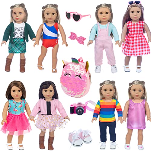 ebuddy Doll Clothes and Accessories 8 Sets Outfit with Shoes Backpack Glasses Camera Pad for 18 inch Our Generation Doll,18 inch Girl Doll,Most 18 Inch Dolls(Doll not Include)