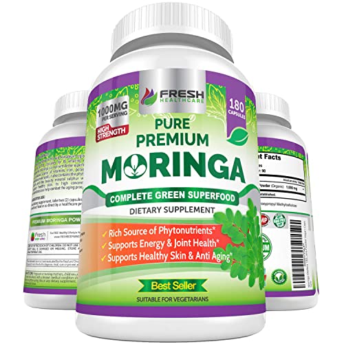 FRESH HEALTHCARE Moringa Oleifera 180 Capsules – 100% Pure Leaf Powder - 3 Month Supply - Non GMO and Gluten Free - Complete Green Superfood Supplement - Energy, Metabolism and Immune Support