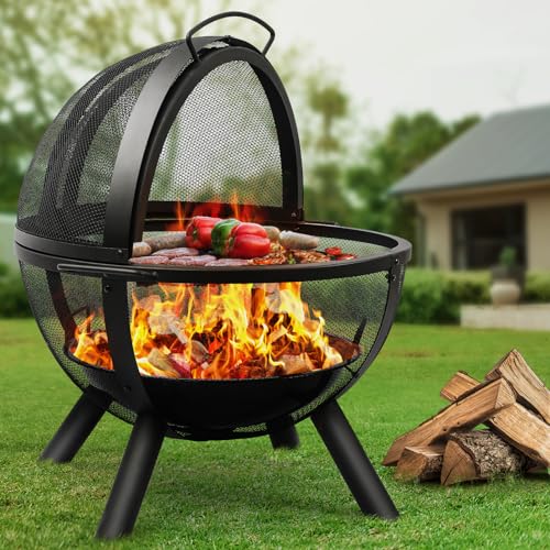 Ikuby Ball of Fire Pit 35' Outdoor fire with BBQ Grill Globe Large Round Pit,Patio Fireplace for Camping, Heating, Bonfire and Picnic