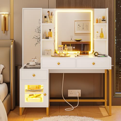 BTHFST Vanity Desk with Jewelry Armoire & Lighted Mirror, Makeup Vanity with Lights & Charging Station & Full Length Mirror, Vanity Table with Drawers & Shelves & RGB Cabinet, White and Gold