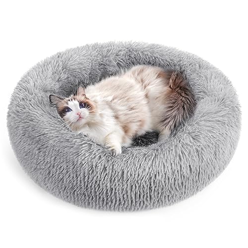 rabbitgoo Cat Beds for Indoor Cats, 24 inches Cat Bed Machine Washable, Fluffy Round Pet Bed Non-Slip, Calming Soft Plush Donut Cuddler Cushion Self Warming for Small Dogs Kittens, Light Grey, Large