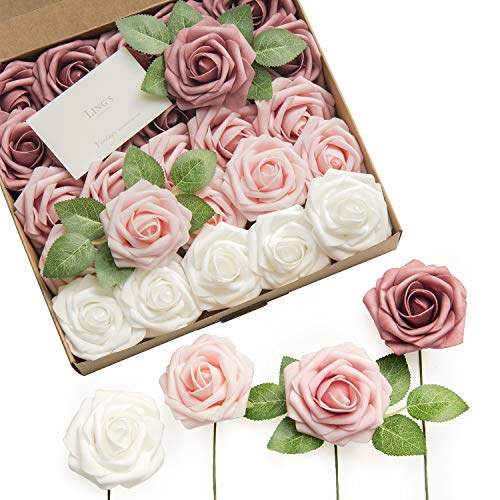 Ling's Moment Artificial Flowers 3', 25pcs Shades of Dusty Rose Flowers with Stem, Dusty Rose Artificial Flowers for DIY Wedding Decorations Bouquets Centerpieces Boutonniere Floral Arrangements