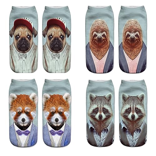 Benefeet Sox Funny Animal Socks for Girls Cute Sloth Socks for Women 3D Print Pattern Pug Dog Socks Crazy Novelty Ankle Socks Silly Low Cut Socks Christmas Gifts for Animal Lover 4 Pack