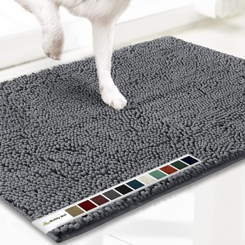 Muddy Mat AS-SEEN-ON-TV Highly Absorbent Microfiber Dog Door Mat and Pet Rug, Non Slip Thick Washable Area and Bath Mat Soft Chenille for Kitchen Bathroom Bedroom and Indoor - Grey Medium 30'X19'