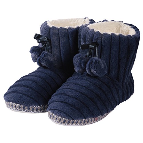 Forfoot Bootie Slippers for Women, Warm Winter Plush Non Slip Durable Sole Slip on Indoor Boots House Shoes Valentines Booty Slippers Navy Blue Size 12
