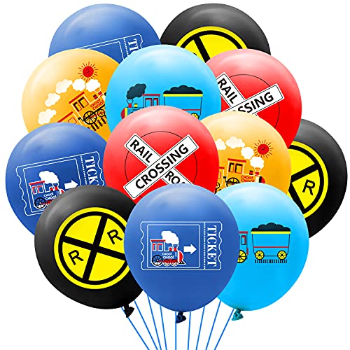 PANTIDE 52 Pcs Railroad Crossing Train Balloons Set 12 Inches Latex Balloons Bouquet with Ribbon Railway Choo Choo Steam Train Traffic Sign Party Decorations Supplies for Kids Birthday Baby Shower