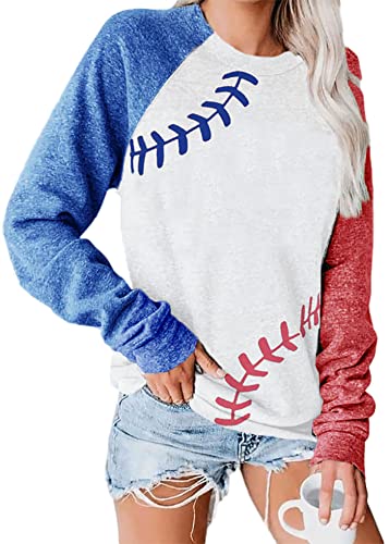 ATACT Baseball Pullover Tops for Women Raglan Long Sleeve Sweatshirts Casual Crew Neck Blouse, A-white, Medium