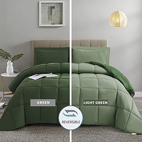 HIG 3pc Green Queen Size Comforter Set - All Season Reversible Down Alternative Comforter with Two Shams - Quilted Duvet Insert with Corner Tabs - Box Stitched - Breathable, Soft, Fluffy