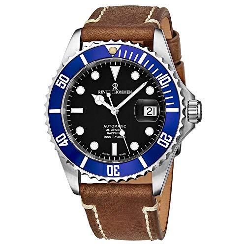 Revue Thommen Mens Automatic Diver Watch - 42mm Analog Black Face with Luminous Hands, Magnified Date and Sapphire Crystal - Blue Diving Bezel Swiss Made Waterproof Dive Watch 17571.2535