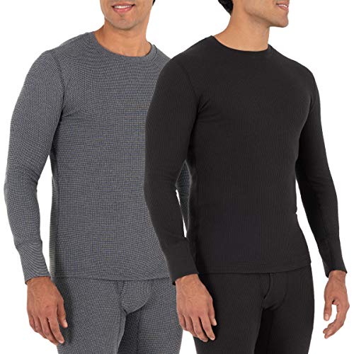 Fruit of the Loom Men's Recycled Waffle Thermal Underwear Crew Top (1 and 2 Packs), Black/Greystone Heather, XX-Large