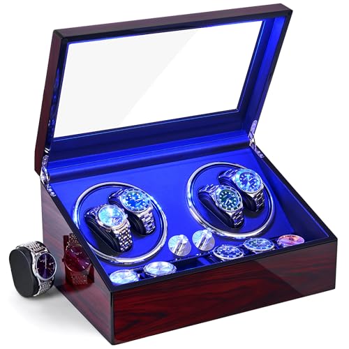 ANWBROAD Watch Winder for Automatic Watches 4 Watch Rotator and 6 Extra Storages with Super Quiet Motor and LED Backlight Watch Turner Piano Paint Watch Shaker 5 Rotating Modes Gift UJWW002Y