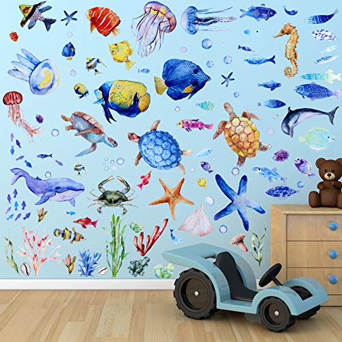 116 Pieces Ocean Wall Decals Under The Sea Fish Wall Nursery Decals Removable Peel and Stick Art for Kids Baby Bedroom Living Room Bathroom (Lovely Colors)