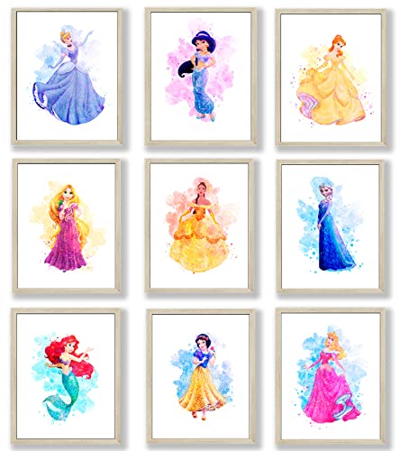 HerZii Prints Princess Wall Art Decor Watercolor Prints Set of 9-8 x 10 Inch - Princess Bedroom Decor, Princess Room Decor, Princess Wall Decor For Girls Bedroom