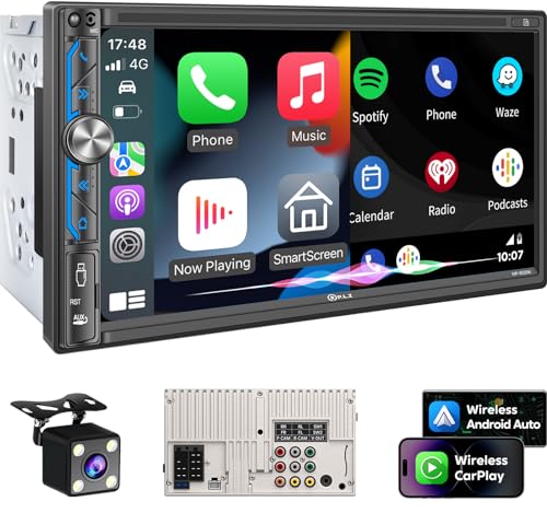 PLZ 7' Wireless Double Din Car Stereo Apple Carplay Radio Screen for Car Audio Receivers, Bluetooth 5.3 Car Play Android Auto Touchscreen, 240W 4.2 CHN 2 Subwoofers Outputs, Backup Camera, SWC, FM/AM