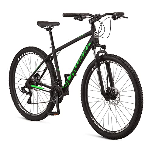 Schwinn High Timber ALX Youth/Adult Mountain Bike for Men and Women, 29-Inch Wheels, 21-Speed, Aluminum Frame and Mechanical Disc Brakes, Black/Green