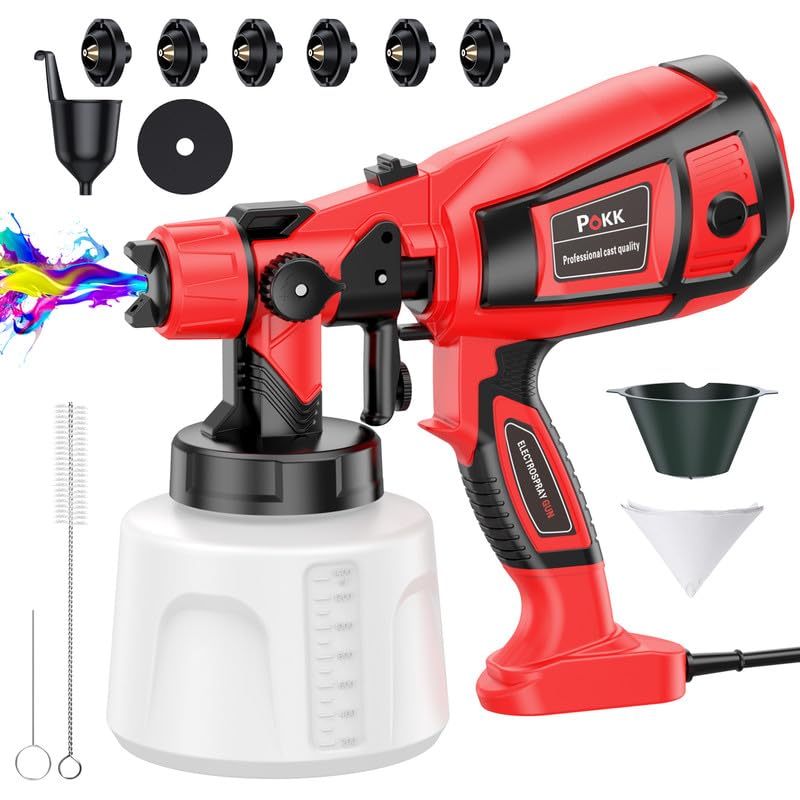 Pokk Paint Sprayer, 850W HVLP Electric Spray Paint Gun, 6 Copper Nozzles and 3 Spray Patterns, Easy to Clean, Paint Sprayers for Home Interior and Exterior, Cabinets, Furniture,Fence, Walls Etc.