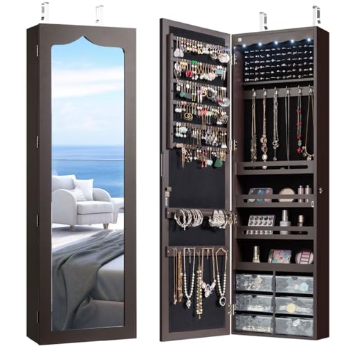 CHARMAID Jewelry Cabinet Armoire, Wall Mount Door Hanging, Lockable Jewelry Organizer with 47.5'' Full Length Mirror, 5 Lights, Large Jewelry Storage Box with 6 Acrylic Drawers (Brown)