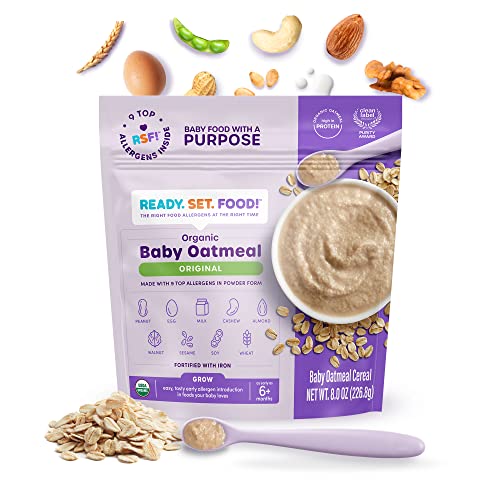 Ready, Set, Food! Organic Baby Oatmeal Cereal | Original | Organic Baby Food with 9 Top Allergens: Peanut, Egg, Milk, Cashew, Almond, Walnut, Sesame, Soy & Wheat | Unsweetened | Fortified with Iron | 15 Servings