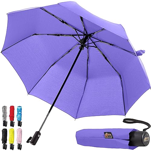 Gorilla Grip Windproof Compact Stick Umbrella for Rain, One-Click Automatic Open and Close, Strong Reinforced Fiberglass Ribs, Easily Collapsible, Lightweight Portable Umbrellas for Travel, Purple