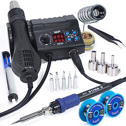 WEP 882D Soldering Iron Station 2-IN-1 SMD Hot Air Rework Station with 2 Spools of Solder Wire, 5 Soldering Tips, 3 Hot Air Nozzles, Brass Wool Tip Cleaner, Tweezers, Desoldering pump