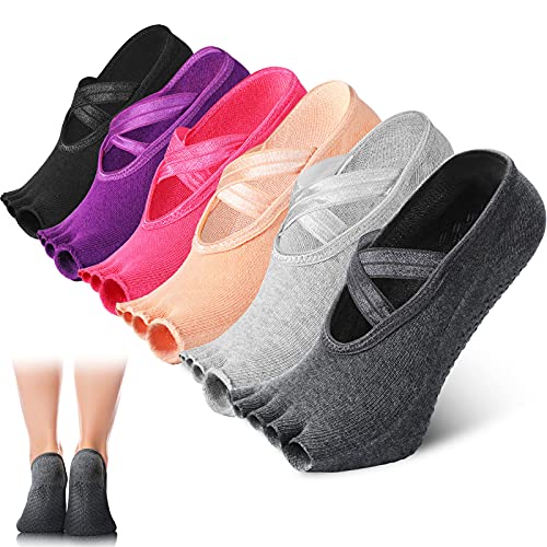SATINIOR 6 Pairs Pilates Socks with Grip for Women Non Slip Yoga Socks Toeless Barre Sticky Socks with Straps Multicolor Socks for Ballet Dance Barefoot Workout