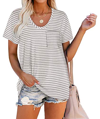 WIHOLL Tshirts for Women Loose Fit Scoop Neck White Striped Tees Tops XXL