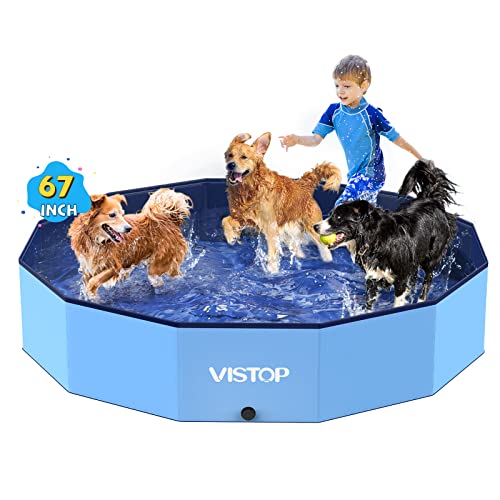 VISTOP Foldable Dog Pool, Hard Plastic Shell Portable Swimming Pool for Dogs Cats and Kids Pet Puppy Bathing Tub Collapsible Kiddie Pool (Blue, 2XL- 67' x 12')