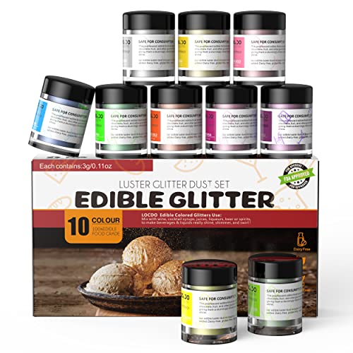 Edible Glitter Set,10 Colors Cocktail Glitter for Drinks, Food Grade Luster Dust, Brew Glitter for Beer, Cake Decorating, Chocolates, Strawberries, Cupcakes, Vegan and Gluten Free (3g/bottle)